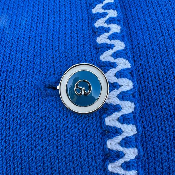 St. John 8 Santana Knit Jacket Cobalt Blue White Stitching Cardigan Blazer - Picture 5 of 11